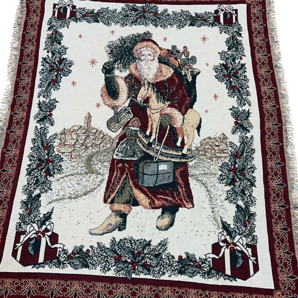 Goodwin Weavers Tapestry Throw Blanket Santa Cotton Christmas Holidays Cottage